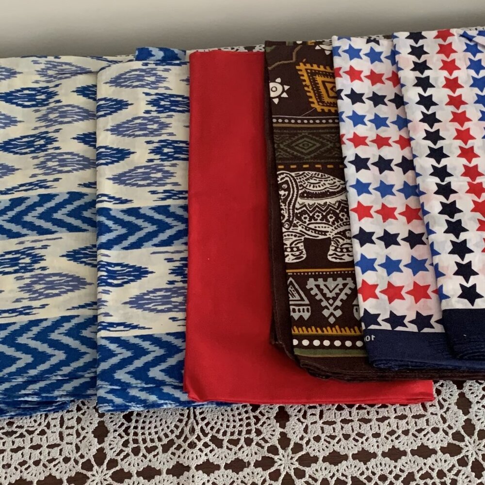 Seven Assorted Square Bandanas 21 inch Stars Elephants Red Blue White Brown